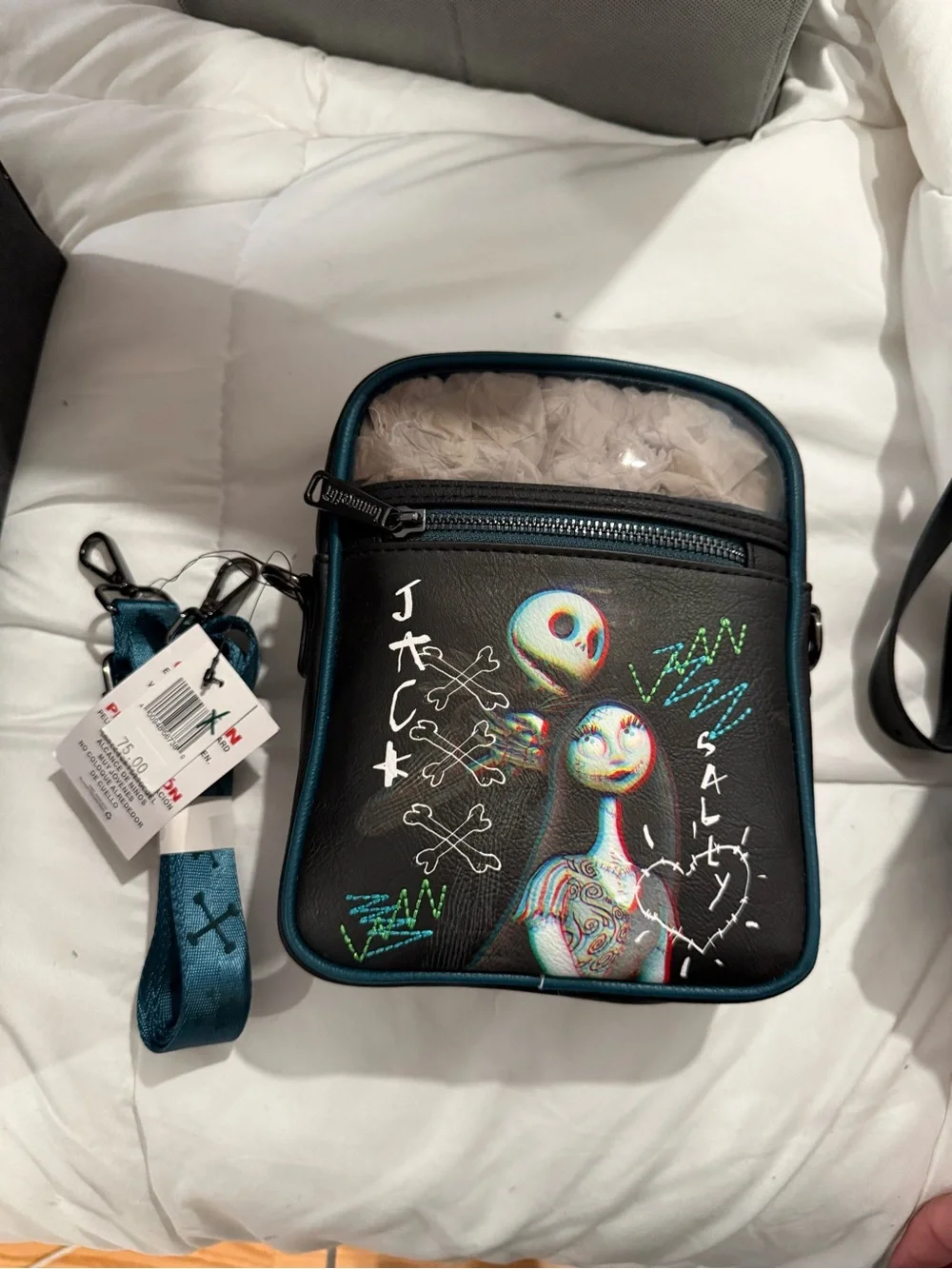 Loungefly Jack skellington Black Crossbody with Teal Trim and Neon Character Art